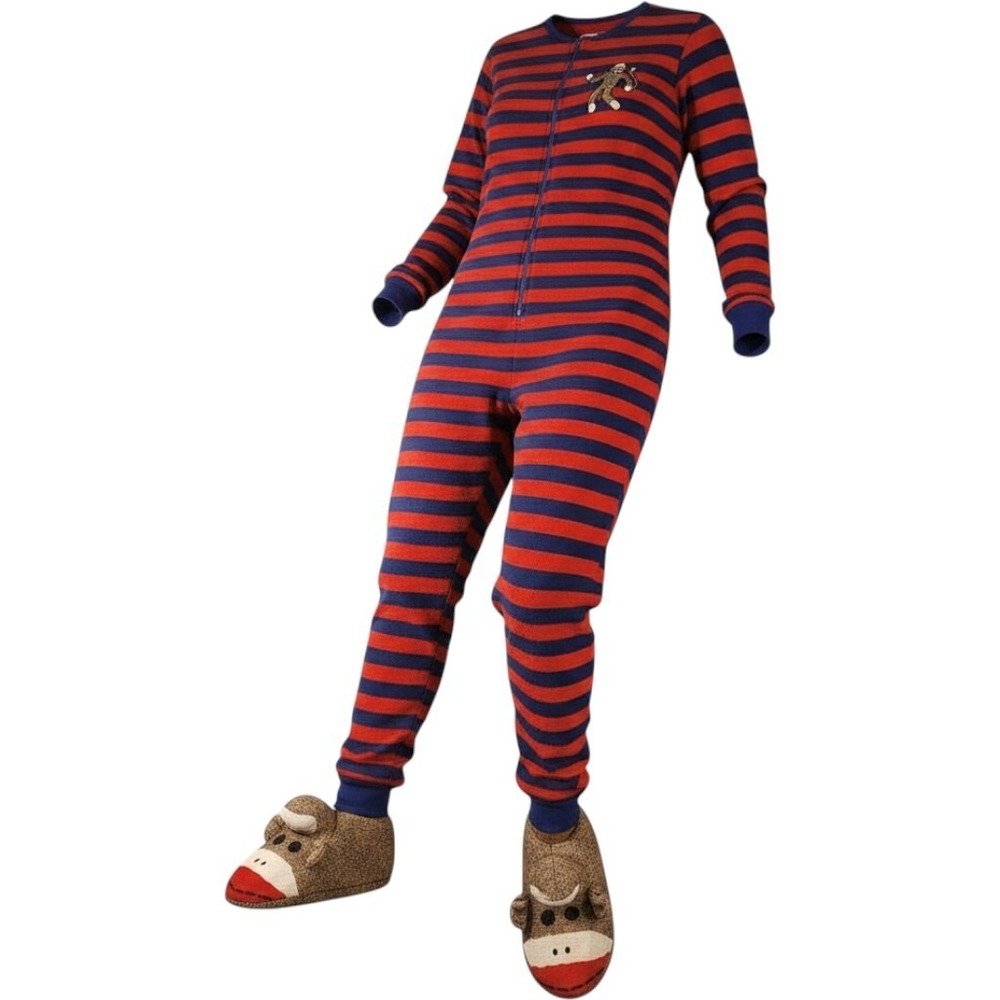 Nick & Nora Sock Monkey Footed Pajamas Orange Blue Striped Fleece Womens L